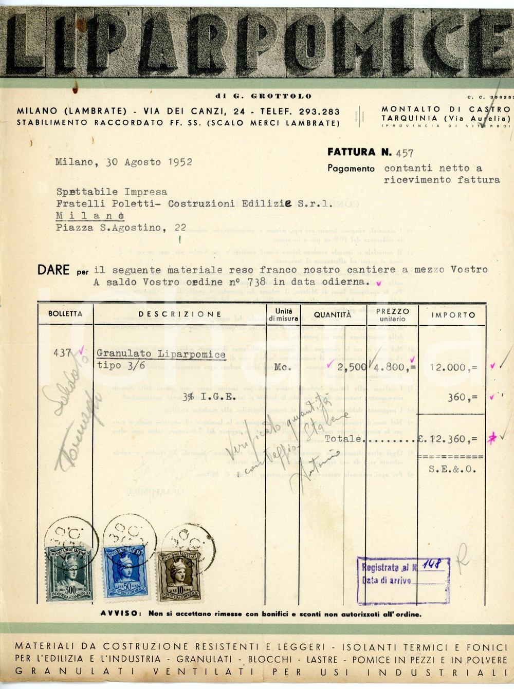 Documento originale, autentico 1952 MILANO  LAMBRATE Via dei Canzi 24 LIPARPOMICE di G. GROTTOLO Fattura 1