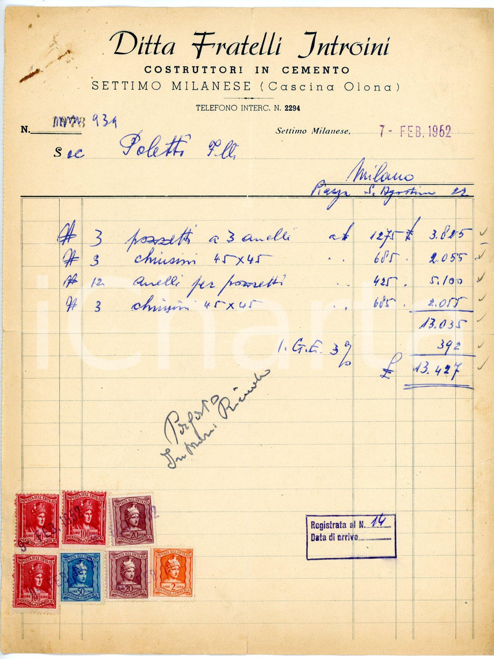 Documento originale, autentico 1952 SETTIMO MILANESE  CASCINA OLONA Ditta FRATELLI INTROINI Fattura chiusini 1