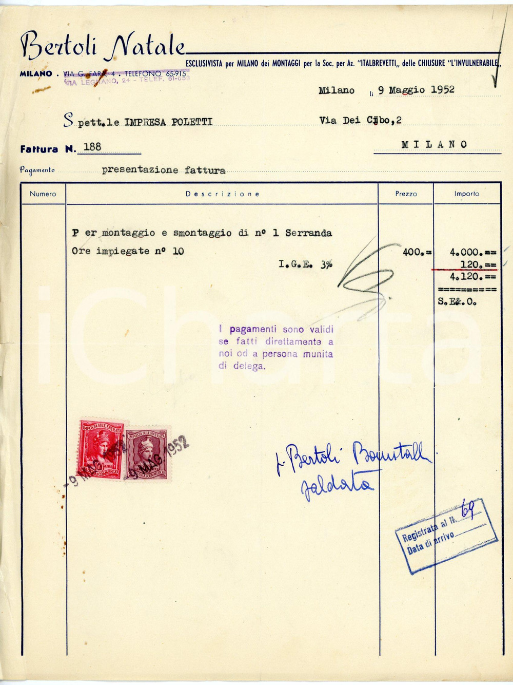 Documento originale, autentico 1952 MILANO via Legnano, 24 Natale BERTOLI  Fattura per montaggio serranda 1