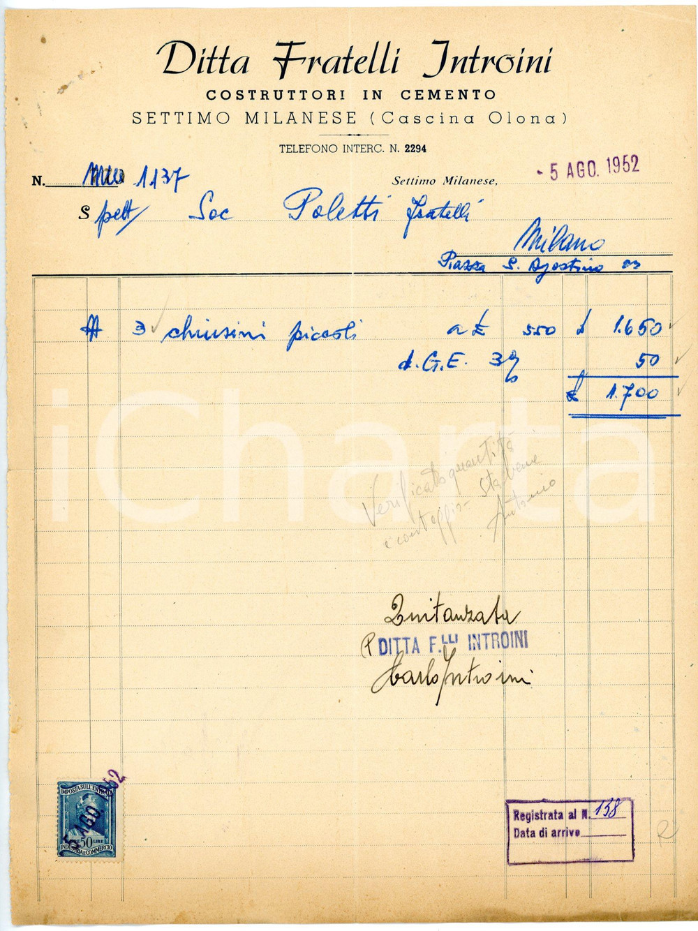 Documento originale, autentico 1952 SETTIMO MILANESE  CASCINA OLONA Ditta FRATELLI INTROINI Fattura chiusini 3 1