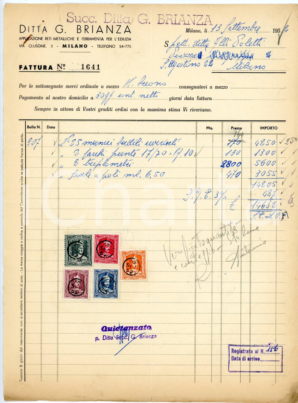 Documento originale, autentico 1952 MILANO via Clusone 3 Successori Ditta G. BRIANZA Fattura per attrezzi edili 1