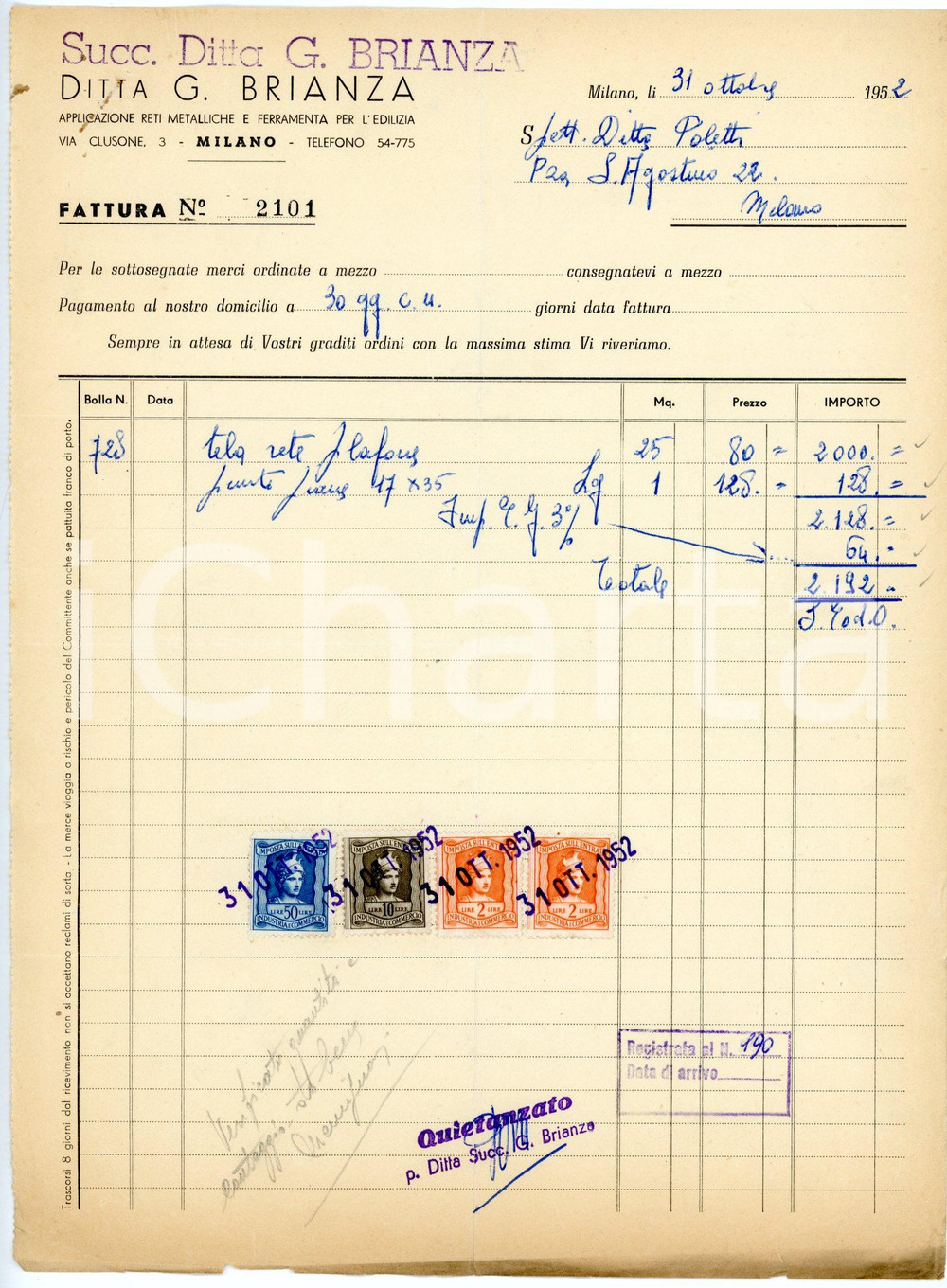 Documento originale, autentico 1952 MILANO via Clusone 3 Successori Ditta G. BRIANZA Fattura attrezzi edili 2 1