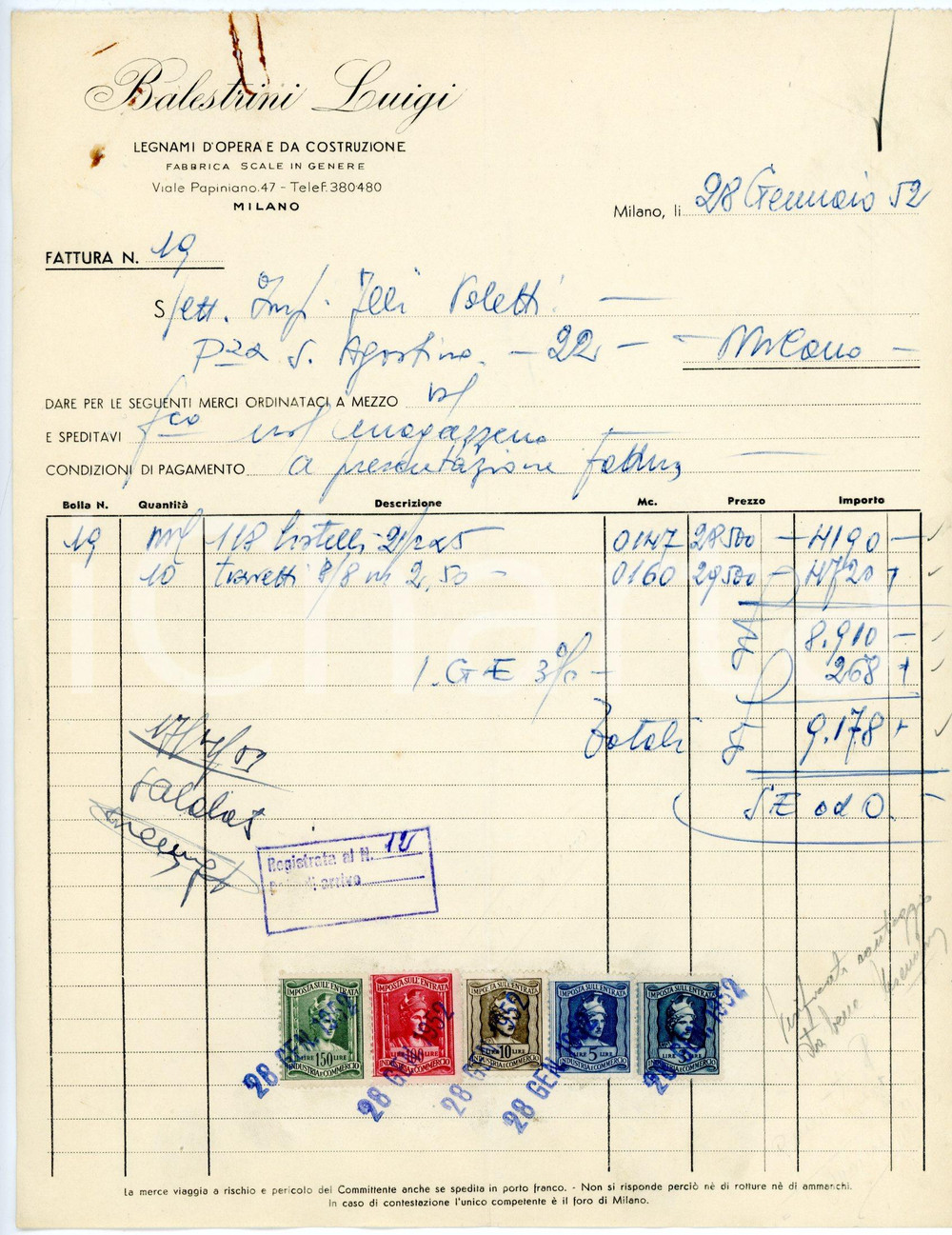 Documento originale, autentico 1952 MILANO via Papiniano, 47 Legnami da costruzione Luigi BALESTRINI Fattura 1