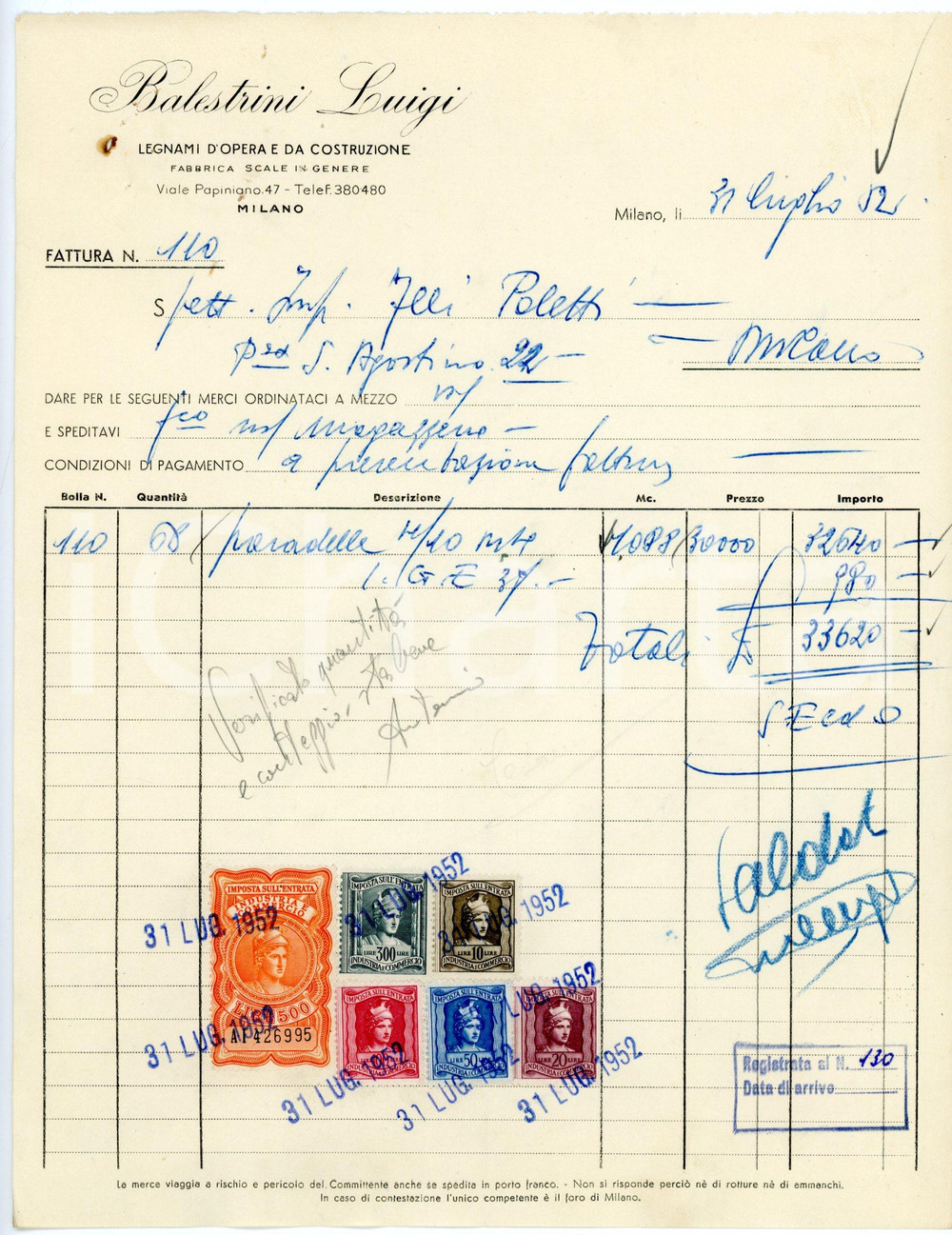 Documento originale, autentico 1952 MILANO via Papiniano, 47 Legnami da costruzione Luigi BALESTRINI Fattura 4 1