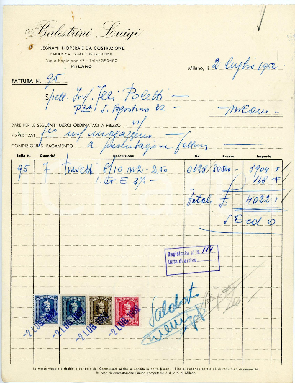 Documento originale, autentico 1952 MILANO via Papiniano, 47 Legnami da costruzione Luigi BALESTRINI Fattura 3 1