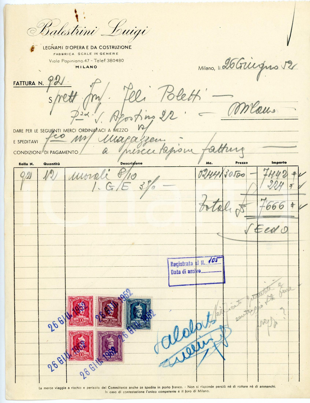 Documento originale, autentico 1952 MILANO via Papiniano, 47 Legnami da costruzione Luigi BALESTRINI Fattura 2 1