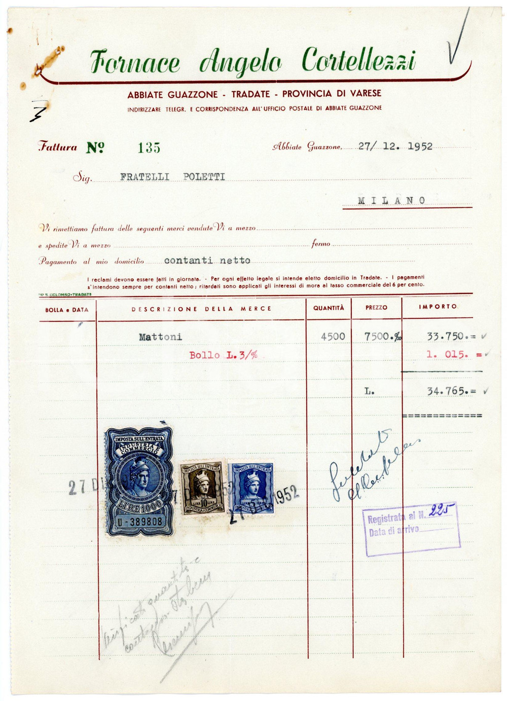 Documento originale, autentico 1953 ABBIATE GUAZZONE VA Fornace Angelo CORTELLEZZI Fattura per mattoni 3 1