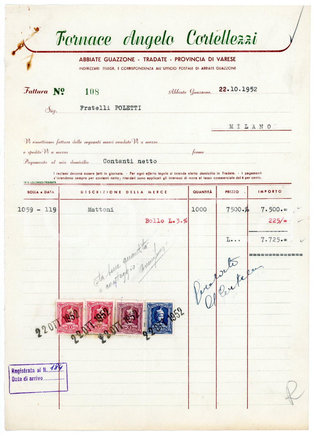 Documento originale, autentico 1952 ABBIATE GUAZZONE VA Fornace Angelo CORTELLEZZI Fattura per mattoni 2 1