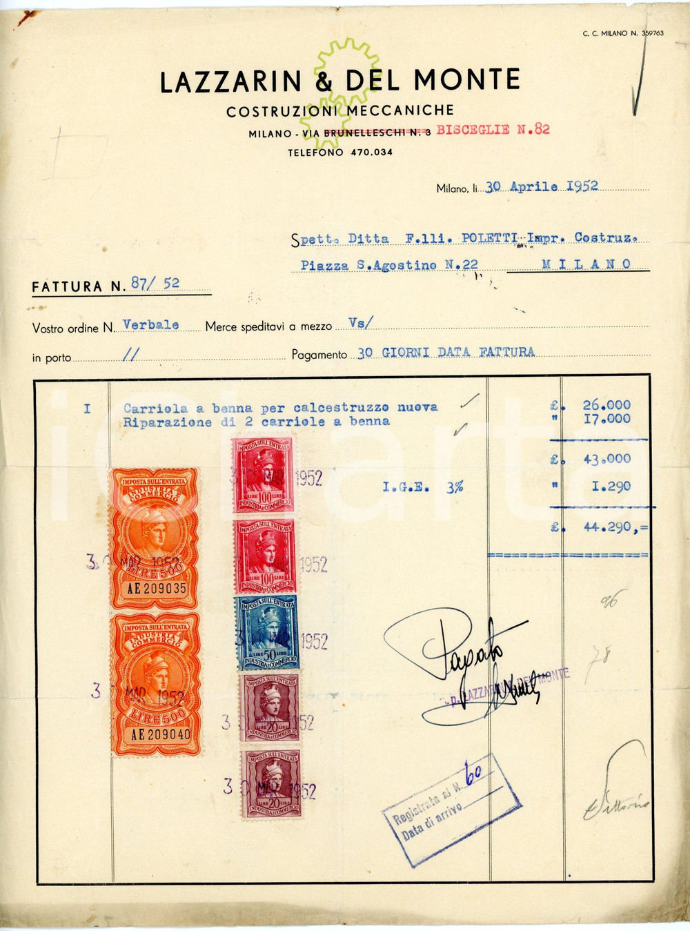Documento originale, autentico 1952 MILANO via Bisceglie, 82 LAZZARIN E DEL MONTE Fattura per carriola 1