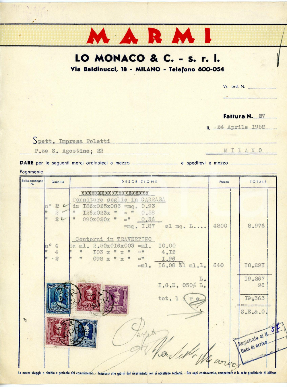 Documento originale, autentico 1952 MILANO via Baldinucci,18 Marmi LO MONACO Fattura marmo Carrara e Travertino 1