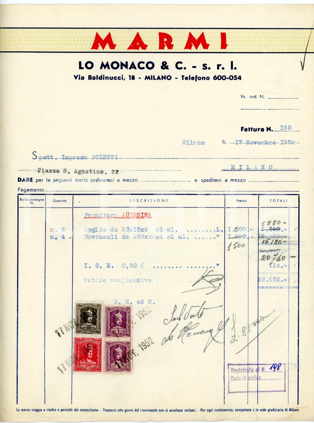 Documento originale, autentico 1952 MILANO via Baldinucci,18 Marmi LO MONACO Fattura marmo di Aurisina 1