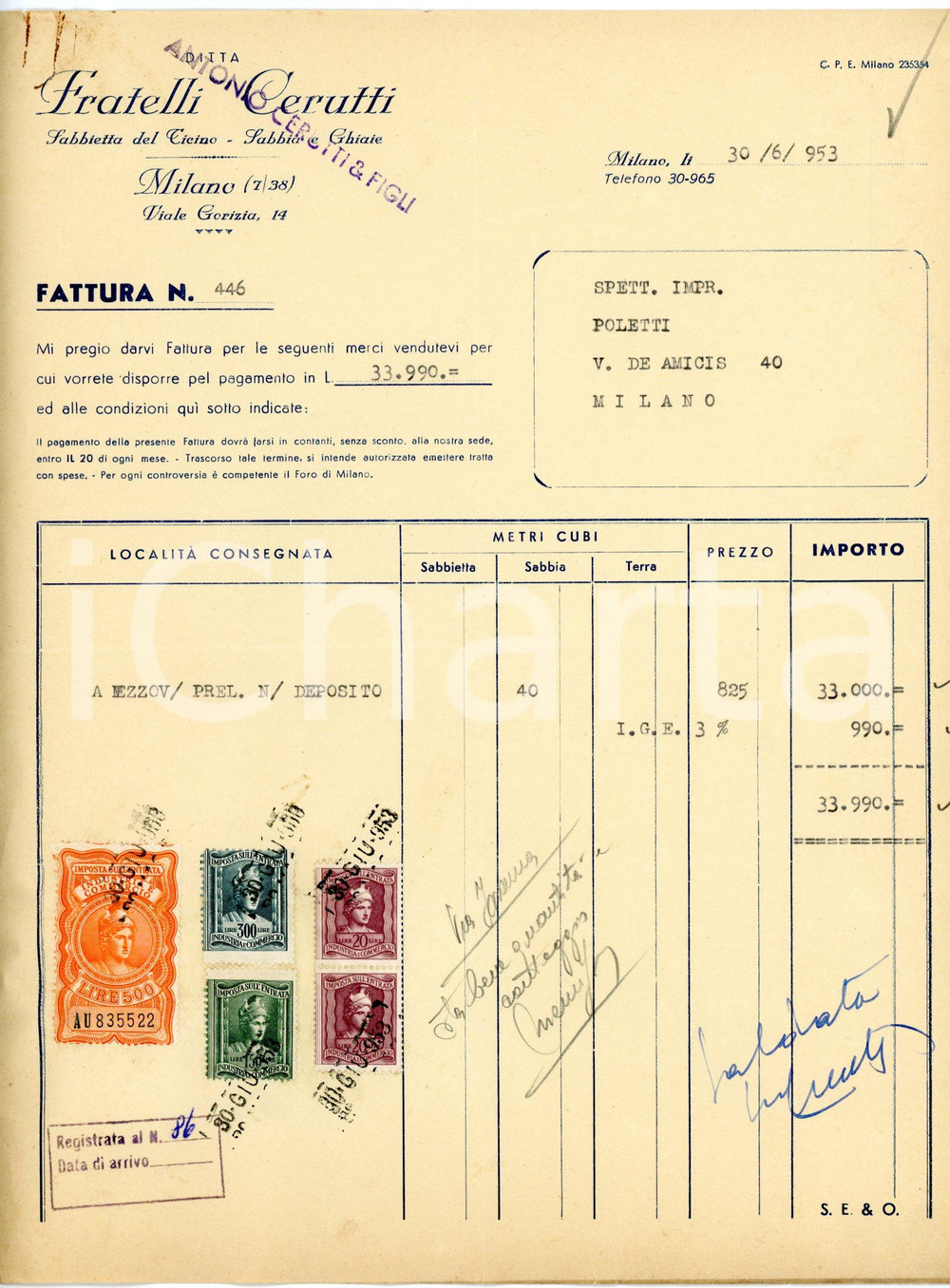 Documento originale, autentico 1953 MILANO Viale Gorizia  Ditta Antonio CERUTTI Sabbietta del TICINO Fattura 3 1