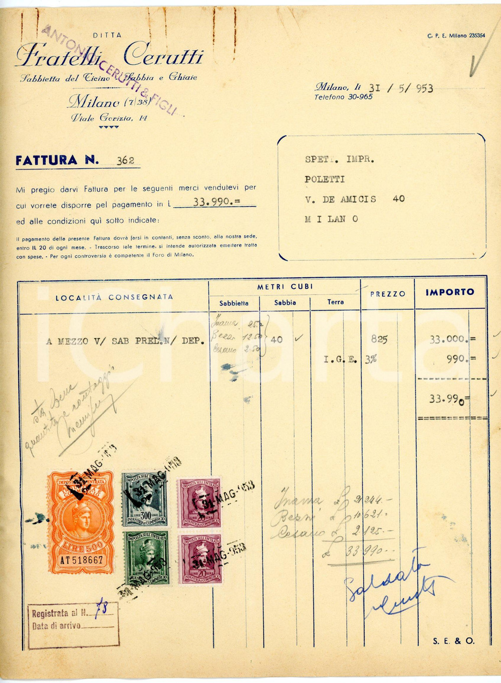 Documento originale, autentico 1953 MILANO Viale Gorizia  Ditta Antonio CERUTTI Sabbietta del TICINO Fattura 2 1