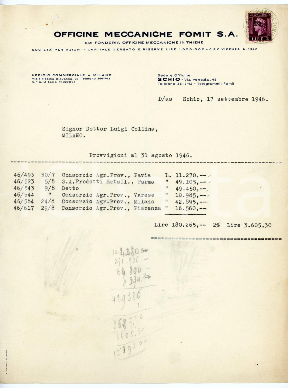Documento originale, autentico 1946 SCHIO Via Venezia, 45 Officine meccaniche FOMIT Conteggio provvigioni 1