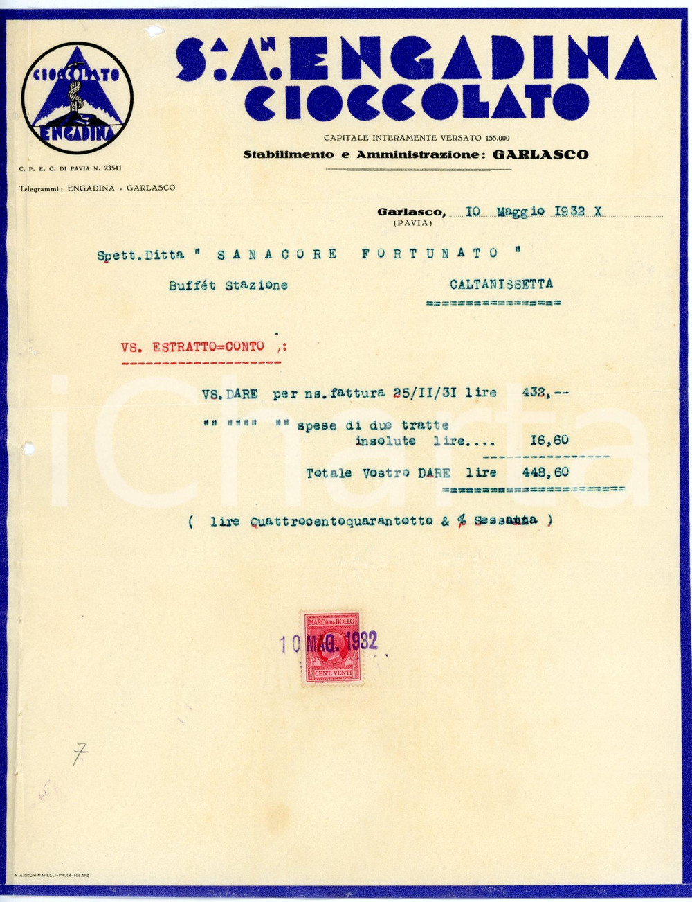 Documento originale, autentico 1932 GARLASCO PV S. A. ENGADINA CIOCCOLATO Estratto conto vendite 2 1