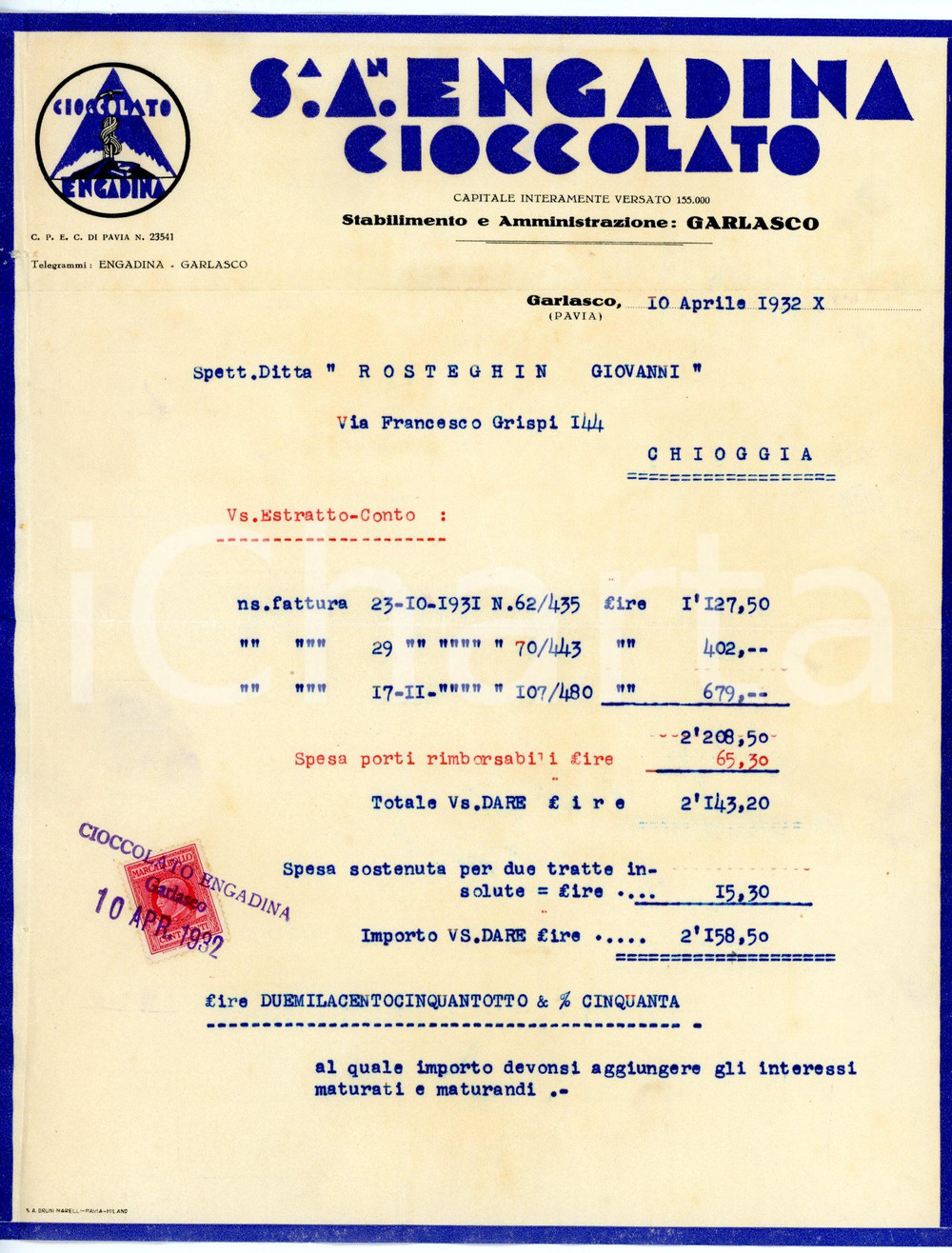 Documento originale, autentico 1932 GARLASCO PV S. A. ENGADINA CIOCCOLATO Estratto conto vendite 1