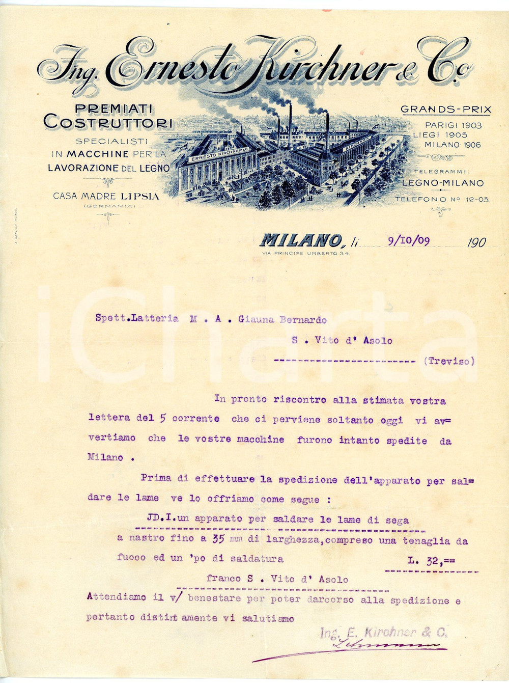 Documento originale, autentico 1909 MILANO Via Principe Umberto 34 Ing. Ernesto KIRCHNER Offerta saldatore lame 1