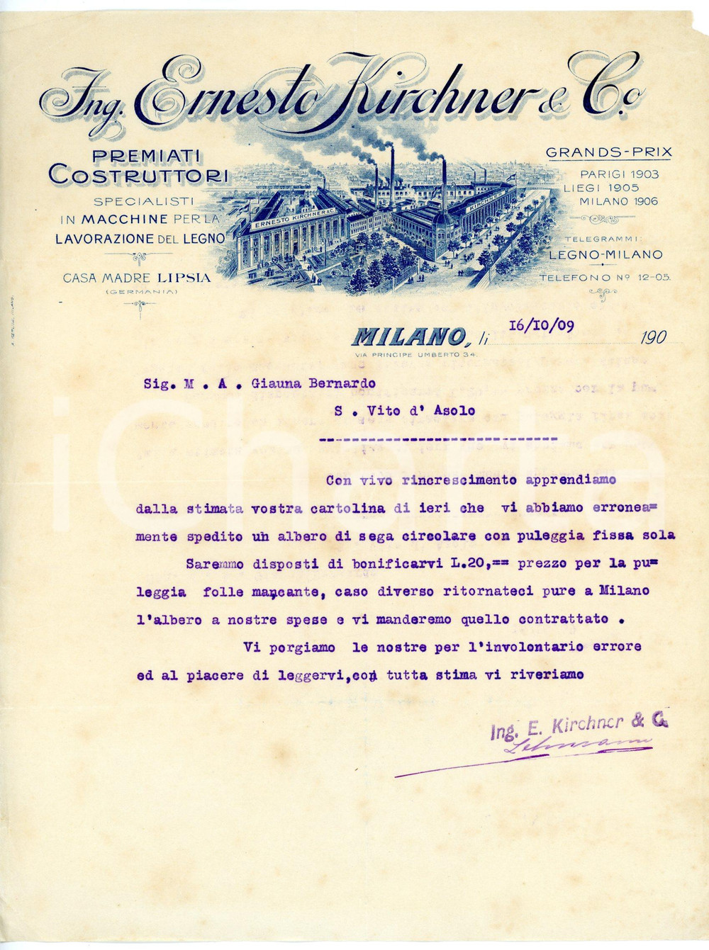 Documento originale, autentico 1909 MILANO Via Principe Umberto 34 Ing. Ernesto KIRCHNER Lettera commerciale 1