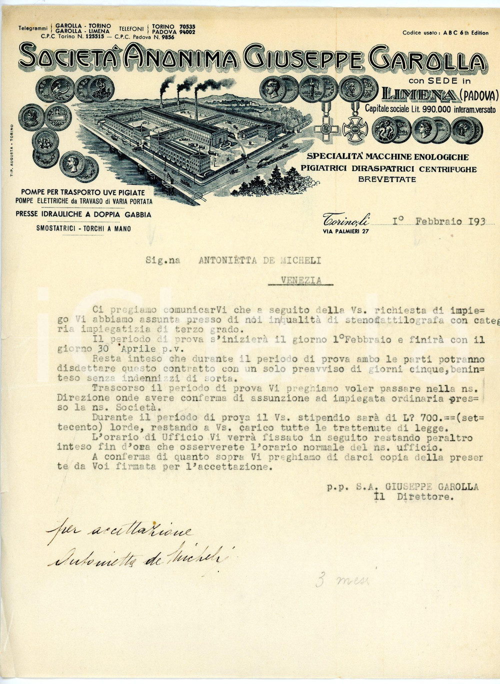 Documento originale, autentico 1930 TORINO Via Palmieri, 27 Soc. Giuseppe GAROLLA Assunzione stenodattilografa 1