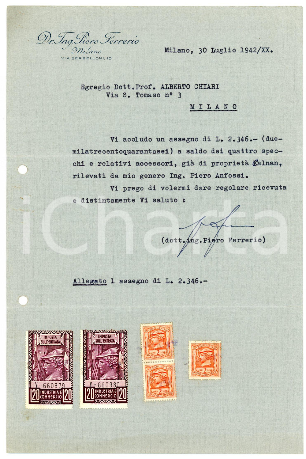 Documento originale, autentico 1942 MILANO via Serbelloni, 10 Dr. Ing. Piero FERRERIO Lettera per invio assegno 1