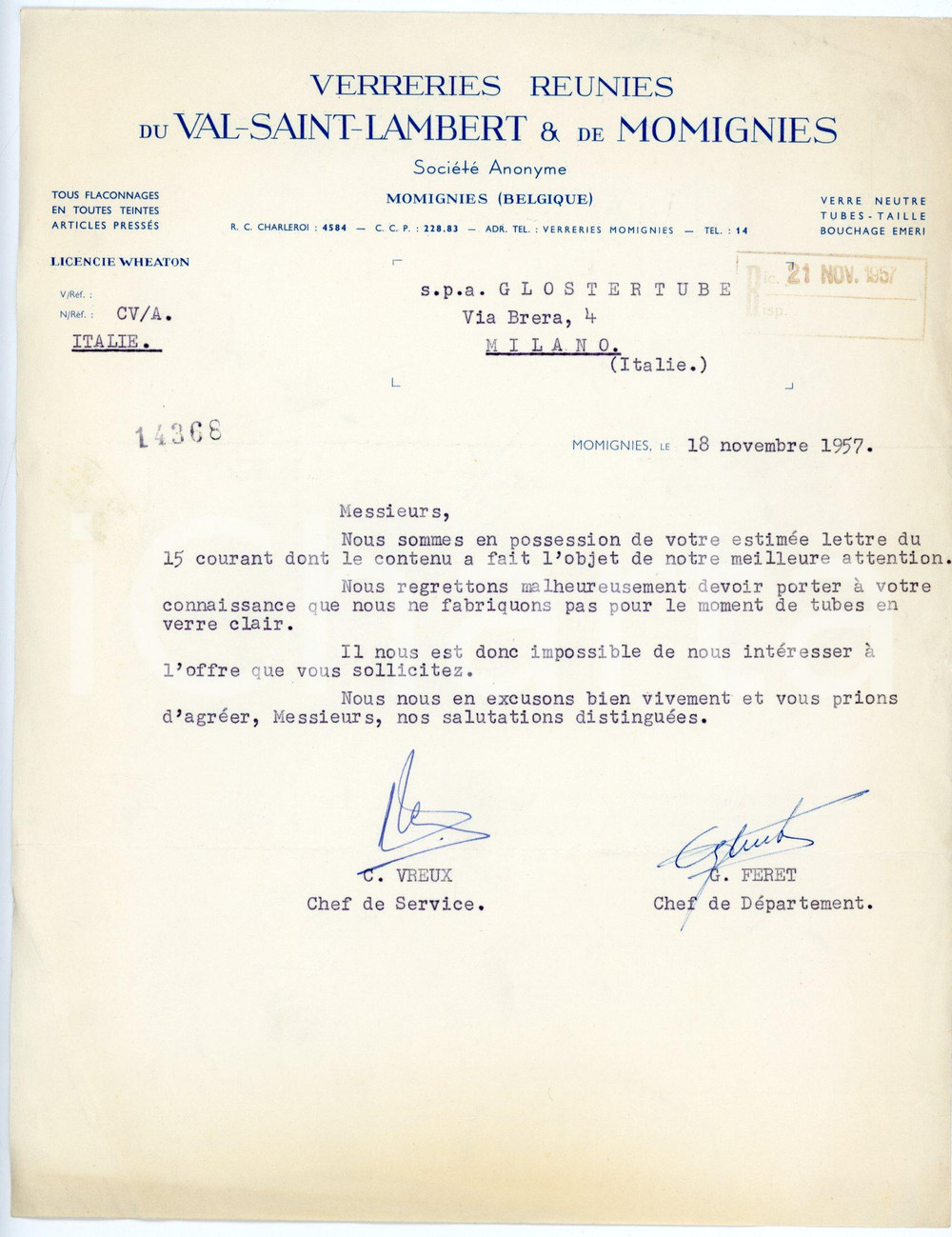 Documento originale, autentico 1957 MOMIGNIES B Verreries Reunies du VALSAINTLAMBERT & de MOMIGNIES Lettera 1