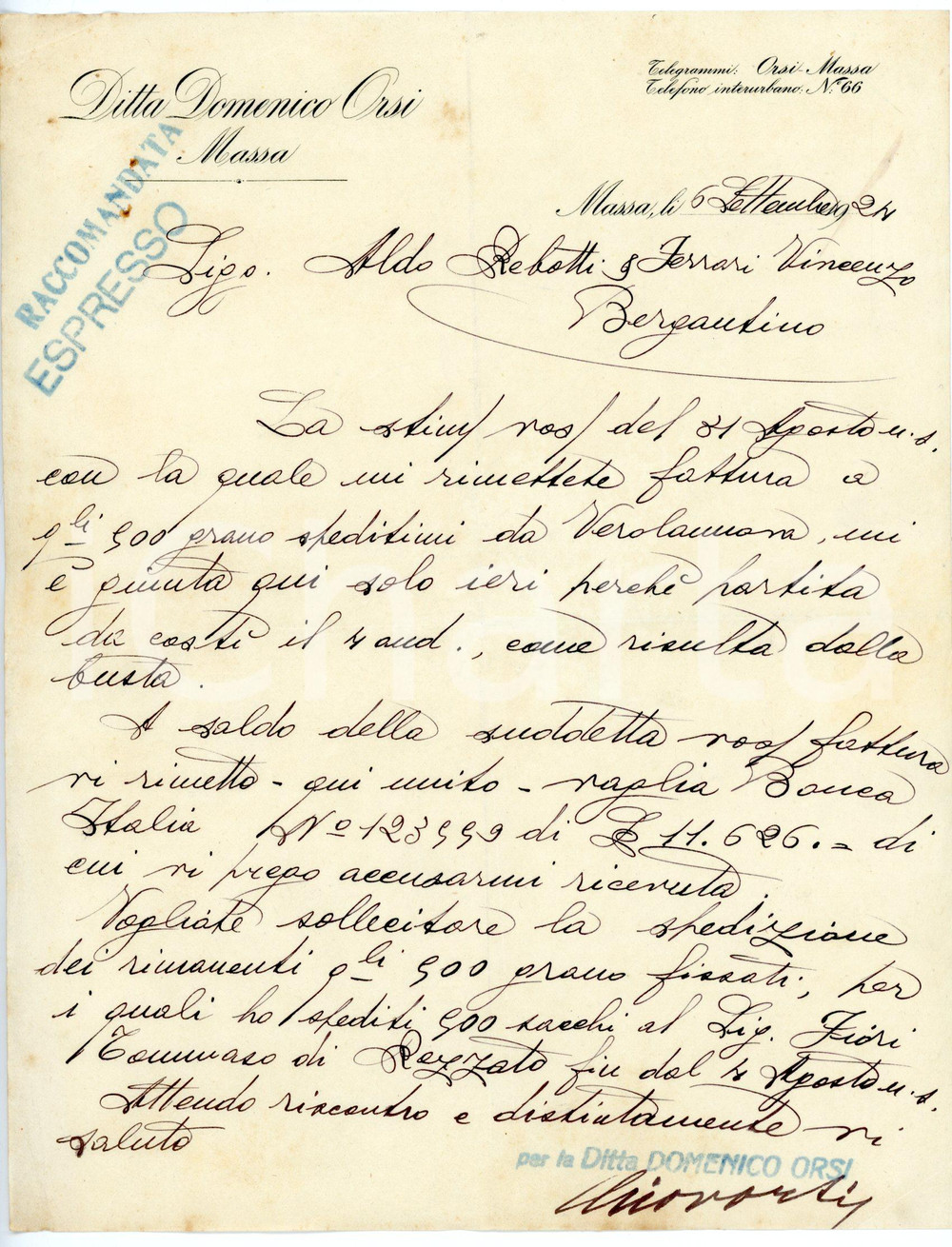 Documento originale, autentico 1924 MASSA Ditta Domenico ORSI Lettera raccomandata espresso 1