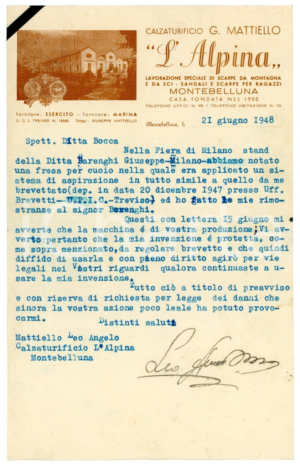 Documento originale, autentico 1948 MONTEBELLUNA Calzaturificio MATTIELLO L Alpina Lettera violazione brevetto 1