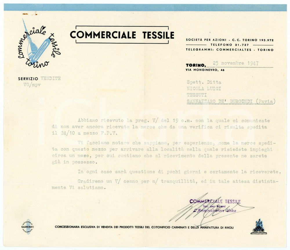 Documento originale, autentico 1947 TORINO via Monginevro, 46 COMMERCIALE TESSILE Lettera commerciale 1
