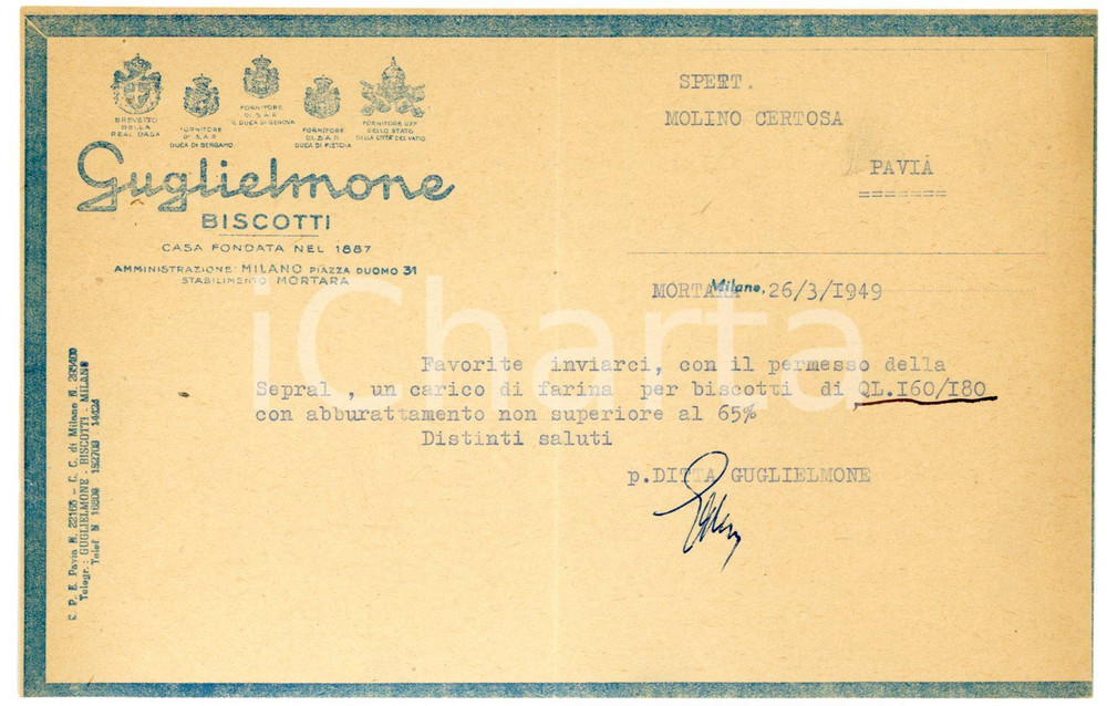 Documento originale, autentico 1949 MORTARA Biscotti GUGLIELMONE Lettera per carico di farina 1