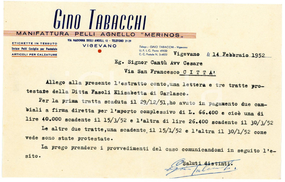 Documento originale, autentico 1952 VIGEVANO PV Gino TABACCHI Manifattura pelli agnello MERINOS Lettera 1