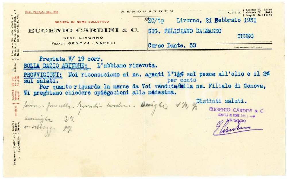 Documento originale, autentico 1951 LIVORNO Ditta Eugenio CARDINI & C. Lettera su dazio aringhe e provvigioni 1