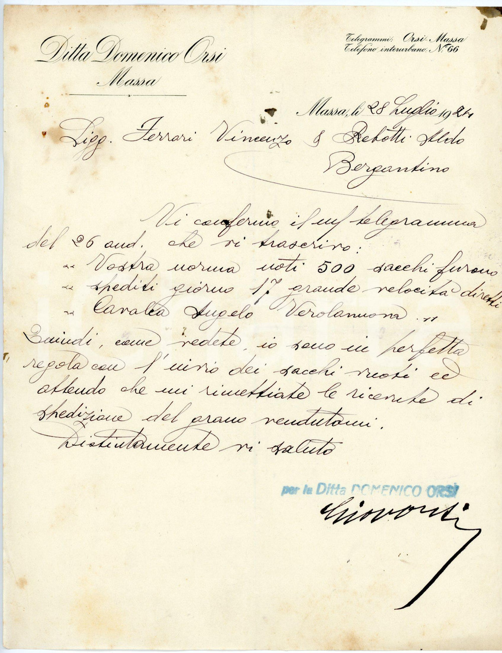 Documento originale, autentico 1924 MASSA Ditta Domenico ORSI Lettera di conferma ordini 1