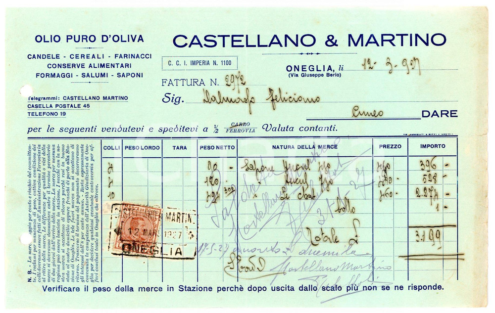 Documento originale, autentico 1927 ONEGLIA IM via Berio CASTELLANO E MARTINO Fattura sapone 2 1