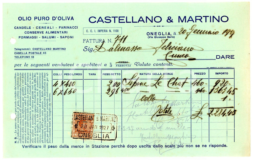 Documento originale, autentico 1927 ONEGLIA IM Via Berio CASTELLANO E MARTINO Fattura sapone Le Chat 1