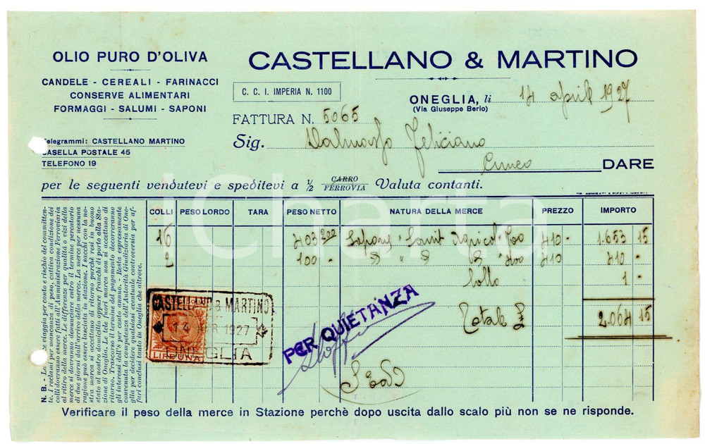 Documento originale, autentico 1927 ONEGLIA IM via Berio CASTELLANO E MARTINO Fattura sapone 3 1