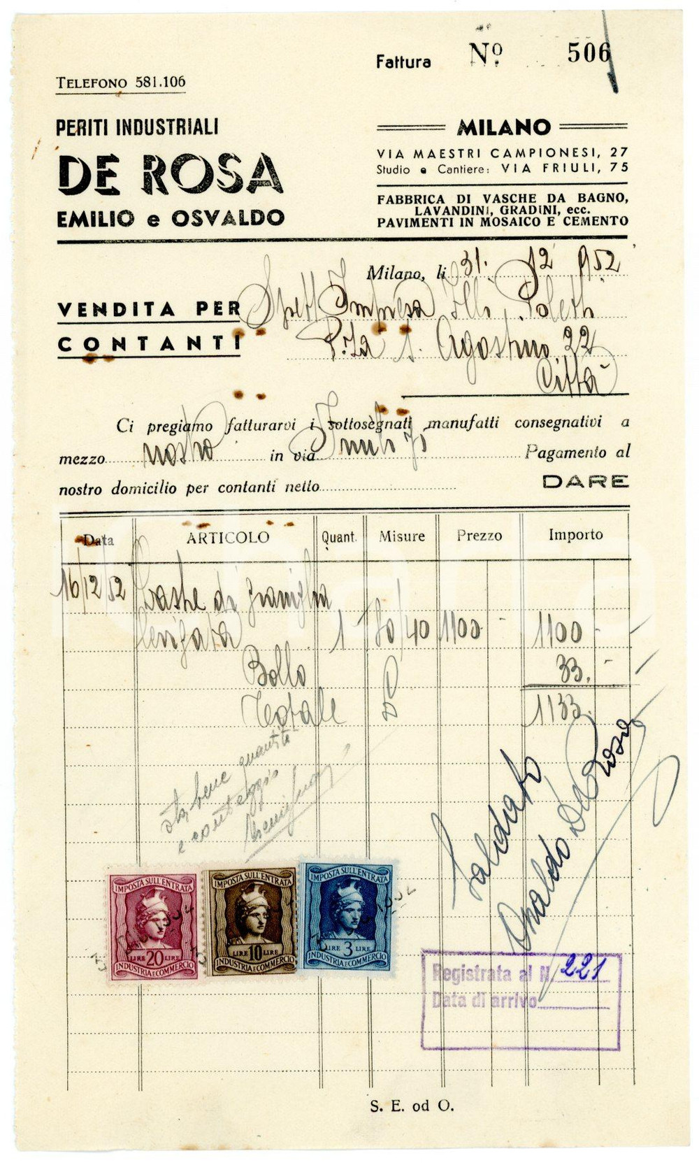 Documento originale, autentico 1952 MILANO via Maestri Campionesi, 27 Periti Emilio e Osvaldo DE ROSA Fattura 1