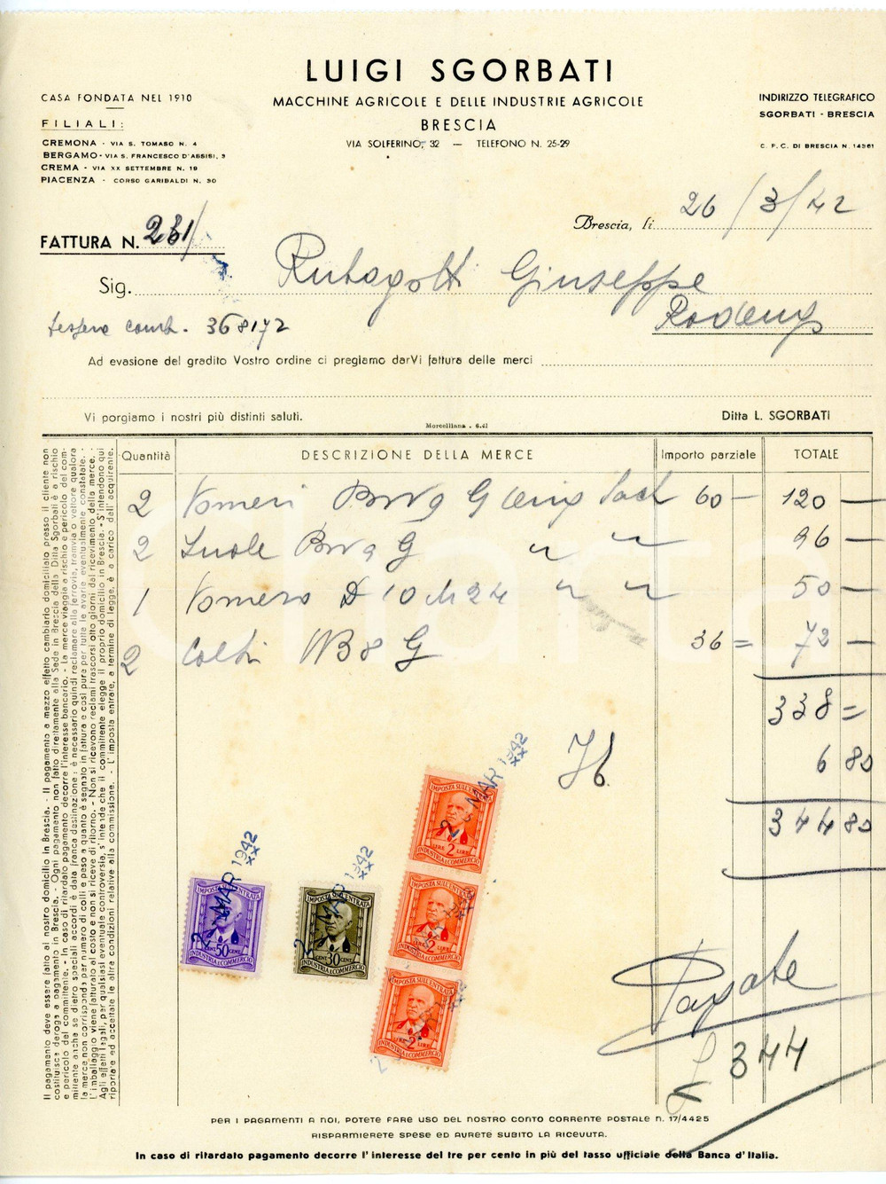 Documento originale, autentico 1942 BRESCIA Macchine agricole Luigi SGORBATI Fattura per vomeri 1