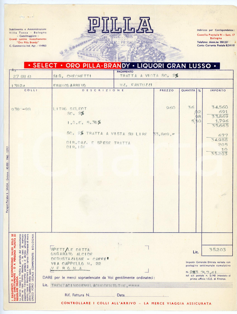 Documento originale, autentico 1961BOLOGNA Distillerie PILLA Fattura vendita bitter Select 1