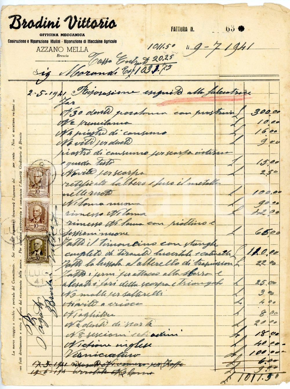 Documento originale, autentico 1941 AZZANO MELLA BS Vittorio BRODINI Fattura per riparazione falciatrice 1