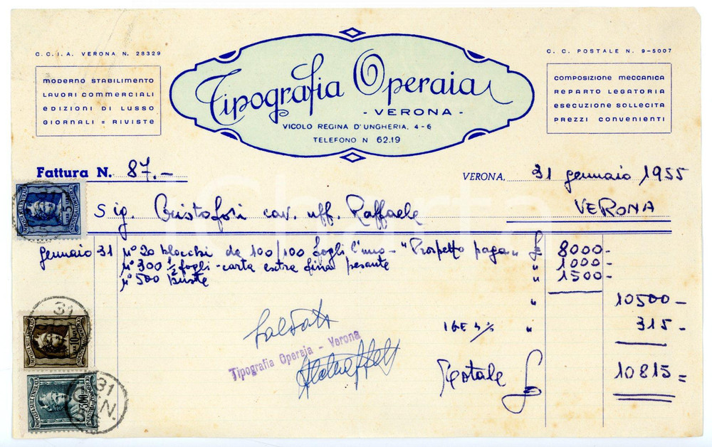 Documento originale, autentico 1955 VERONA Vicolo Regina d  Ungheria 46 TIPOGRAFIA OPERAIA Fattura 1