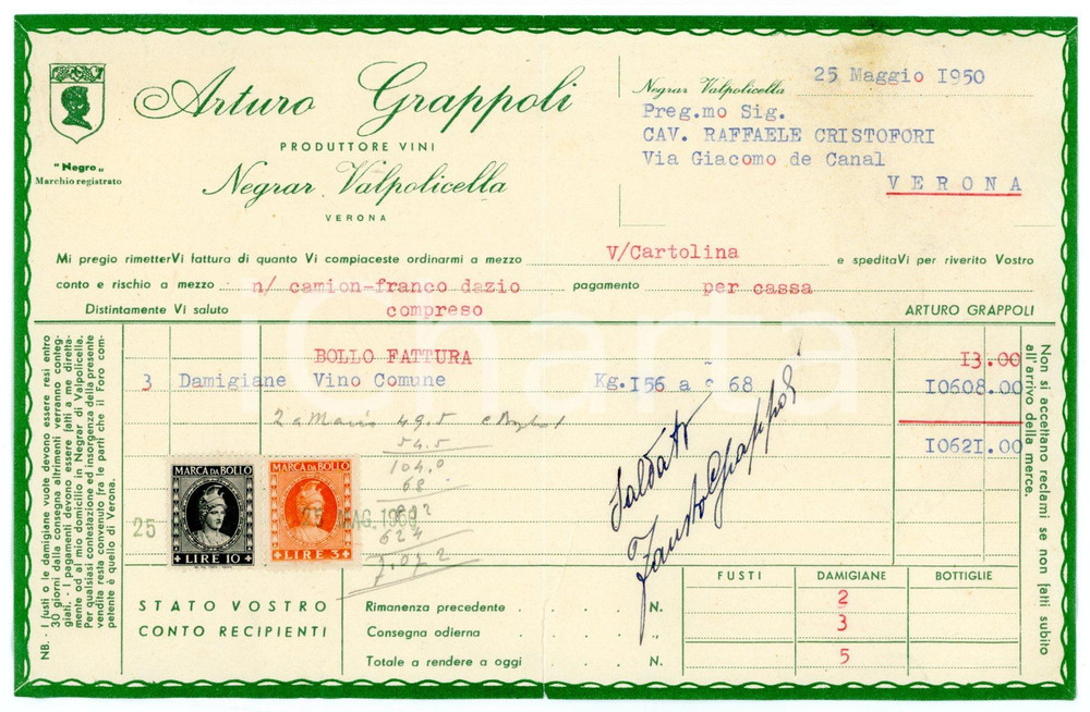 Documento originale, autentico 1950 NEGRAR VALPOLICELLA Arturo GRAPPOLI Fattura damigiane vino 1