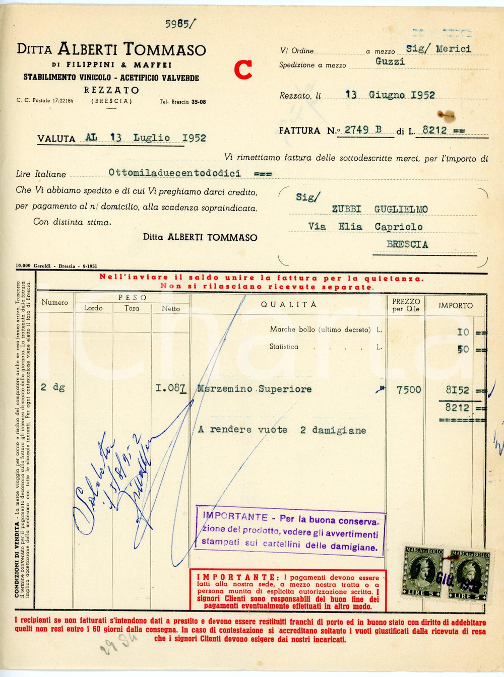 Documento originale, autentico 1952 REZZATO Stabilimento vinicolo Tommaso ALBERTI Fattura per marzemino 1