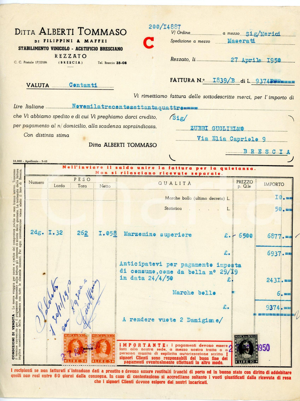 Documento originale, autentico 1950 REZZATO Stabilimento vinicolo Tommaso ALBERTI Fattura per marzemino 2 1