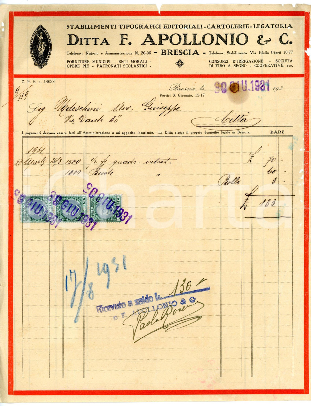 Documento originale, autentico 1931 BRESCIA Via Giulio Uberti Stabilimenti tipografici F. APOLLONIO Fattura 1