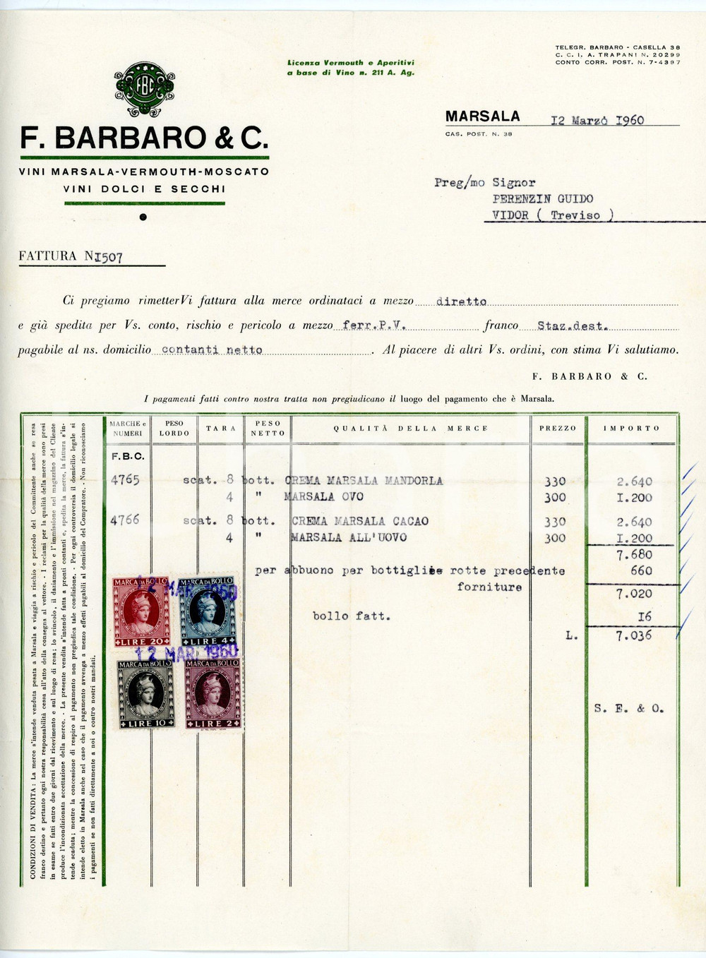 Documento originale, autentico 1960 MARSALA Ditta F. BARBARO & C. Fattura per crema di Marsala 1