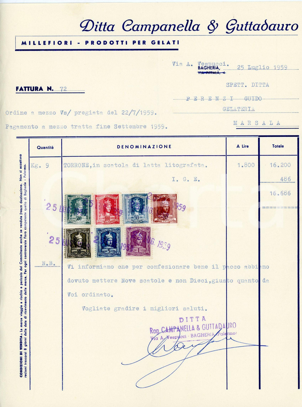 Documento originale, autentico 1959 BAGHERIA PA Ditta CAMPANELLA & GUTTADAURO Fattura vendita torrone 1