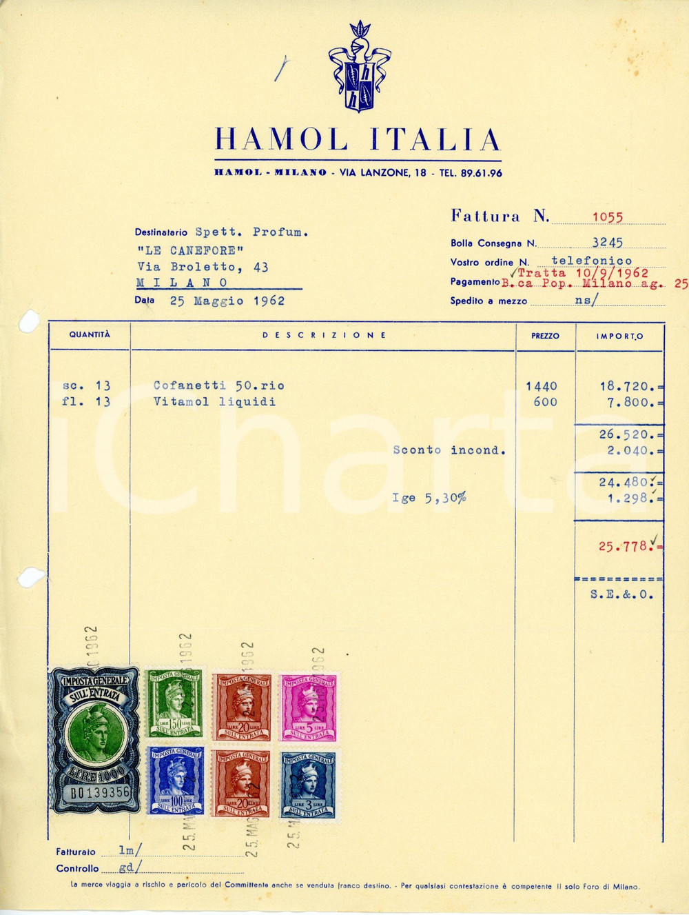 Documento originale, autentico 1962 MILANO via Lanzone, 18 HAMOL ITALIA Fattura per VITAMOL 1