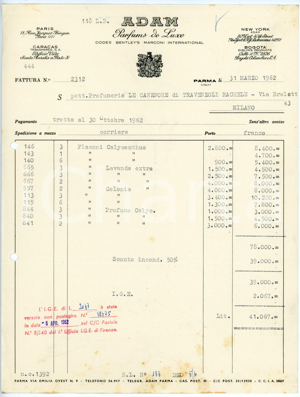 Documento originale, autentico 1962 PARIS Parfums de luxe ADAM Fattura per flaconi di calycanthus e lavanda 1