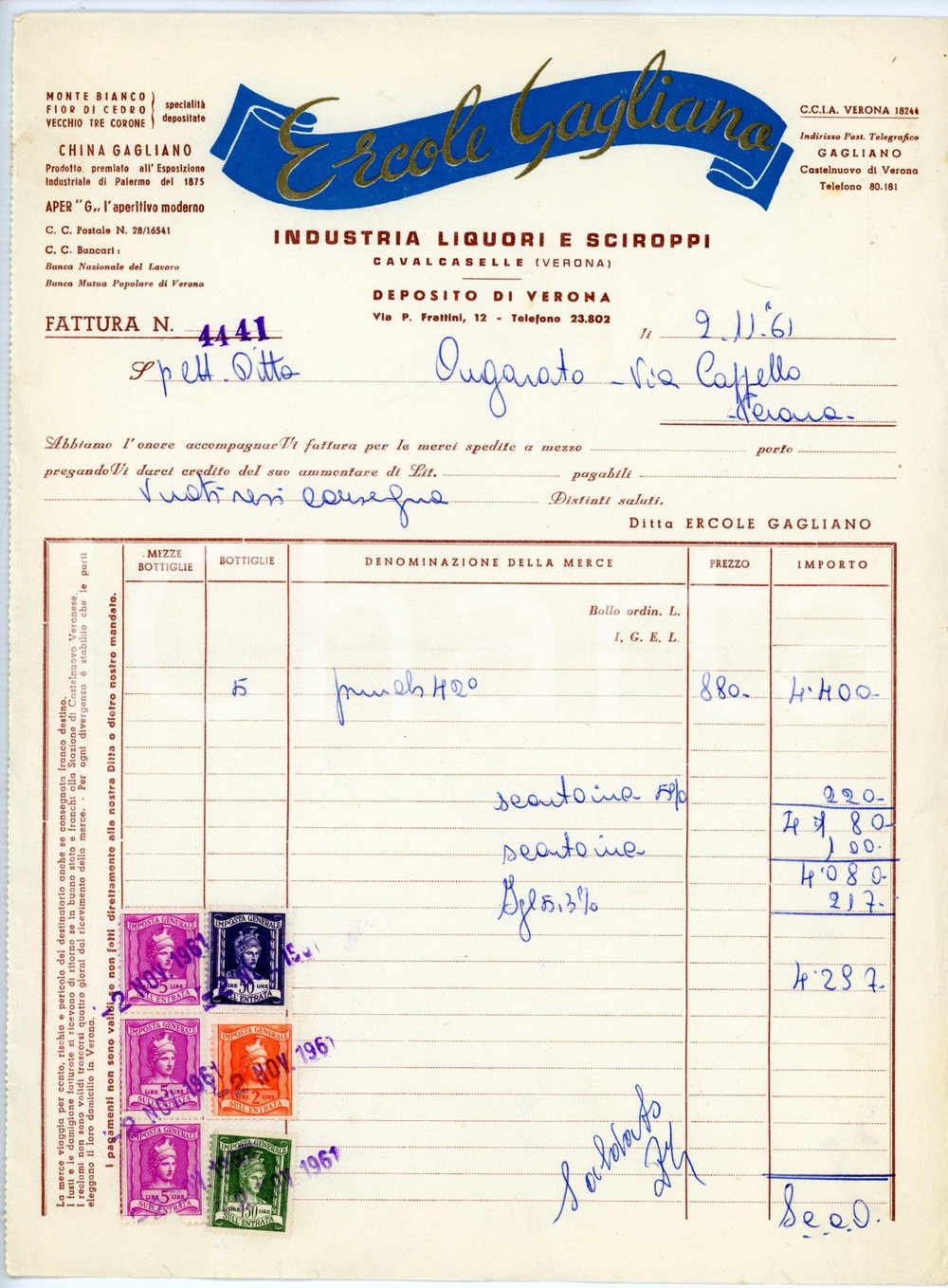 Documento originale, autentico 1961 CAVALCASELLE Industria liquori e sciroppi Ercole GAGLIANO Fattura 1