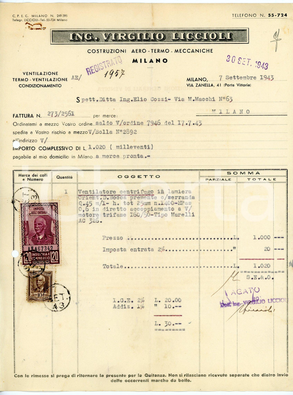 Documento originale, autentico 1943 MILANO via Zanella Ing Virgilio LICCIOLI Fattura ventilatore centrifugo 4 1